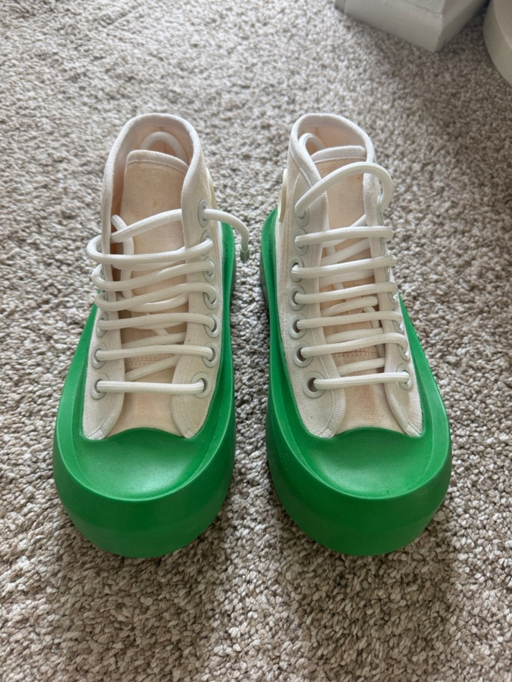 White Canvas Sneakers with Bright Green Rubber Platform